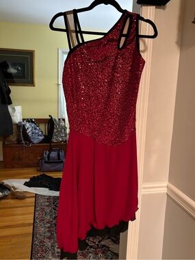 Jerry’s Adult Large Figure Skating Red One-Shoulder Sequin Asymmetrical Dres